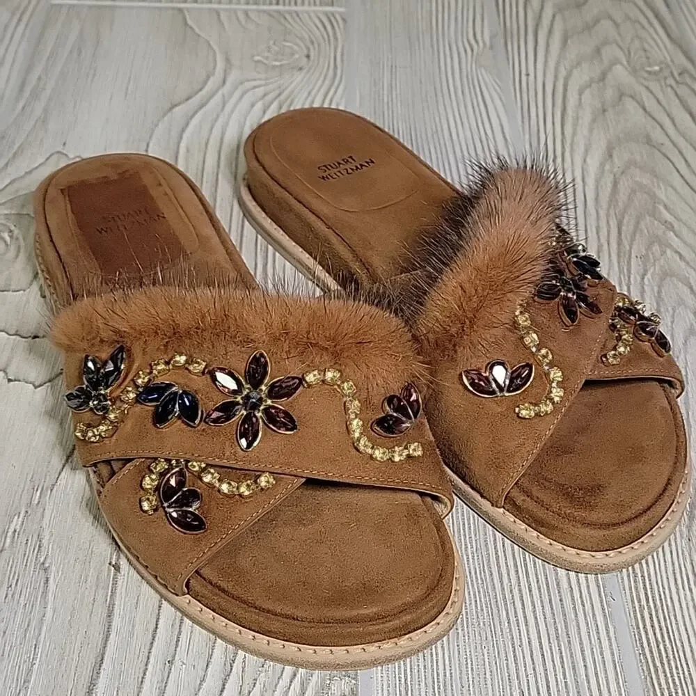Stuart Weitzman Brown Nomedeplume Suede Mink Fur Jewel Sandal Womens 5.5 NEW